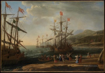 クロード・ロラン Painting - ボートを燃やすトロイの木馬と海兵隊の風景 クロード・ロラン